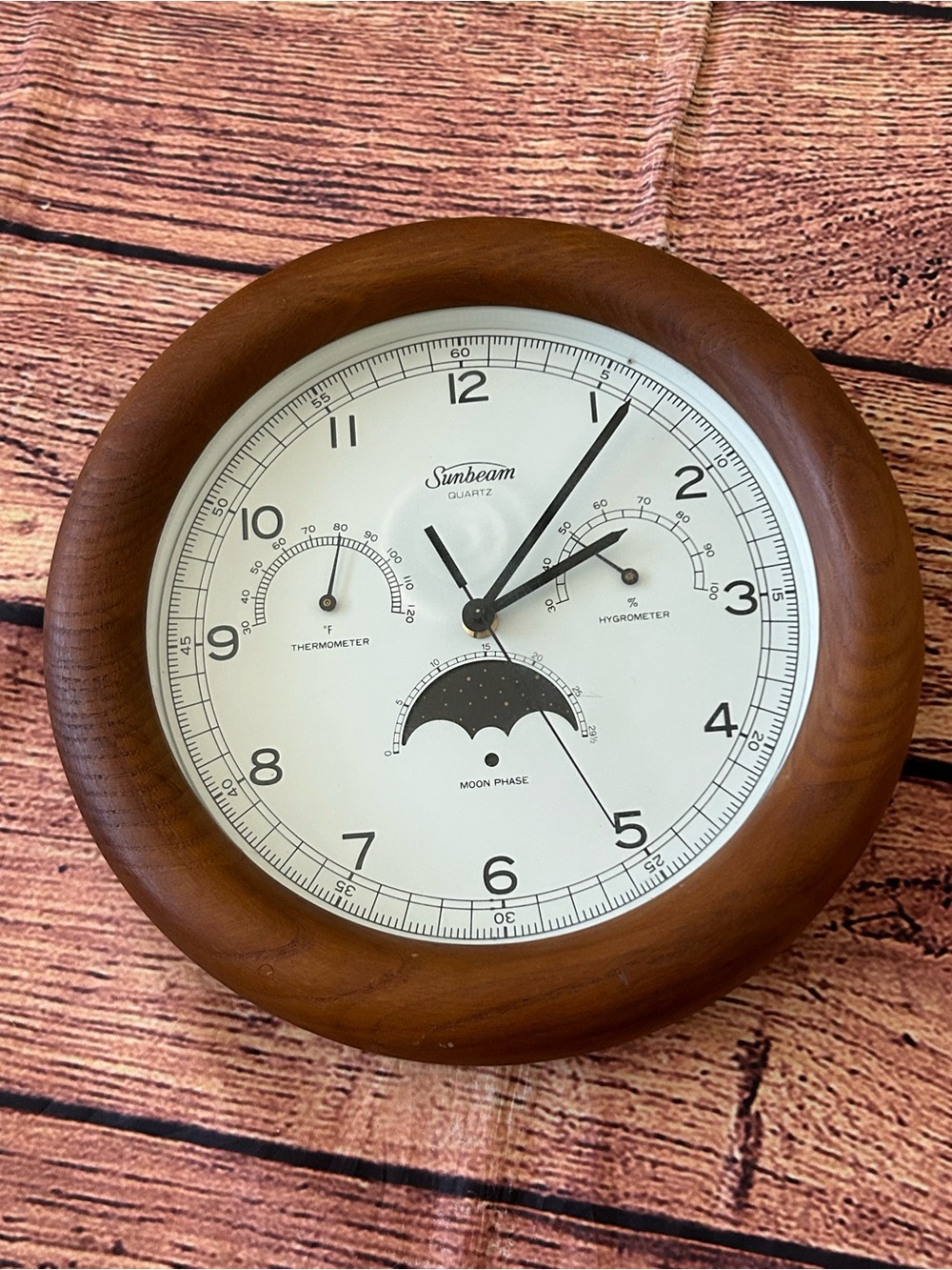 L.L. Bean Weather Station Wall Clock 11.5” Oak Frame Moon Thermometer Hygro